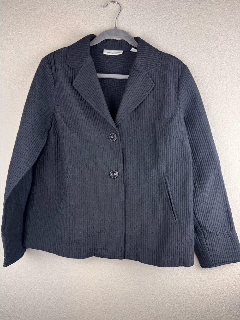 Coldwater Creek 14 Black Cotton Silk Blazer Textured Jacket Tie Back Classic
